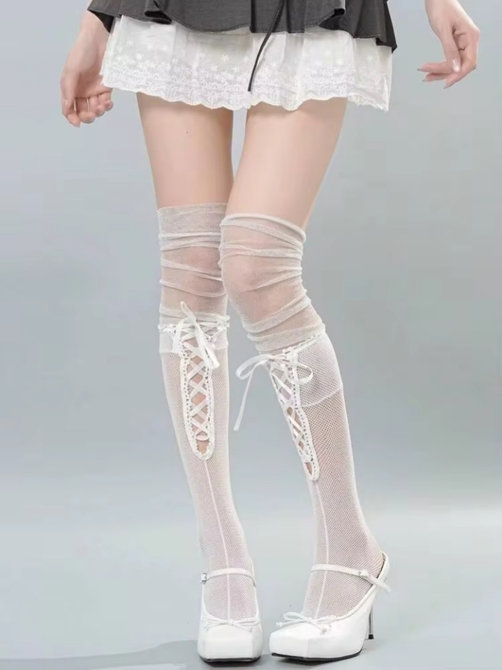 Women’s White Sheer Mesh Lace-Up Thigh-High Leg Warmers with Ruched Knee Detail